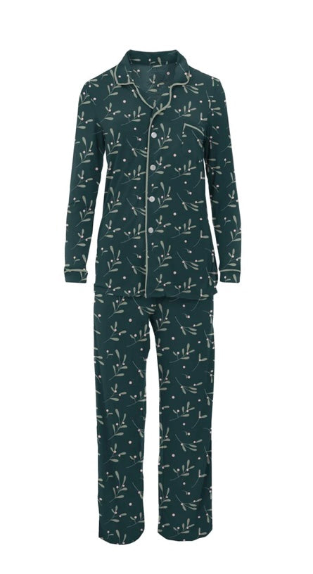 Women's Print Long Sleeve Collared Pajama Set in Midnight Foil Constellations or Pine Mistletoe