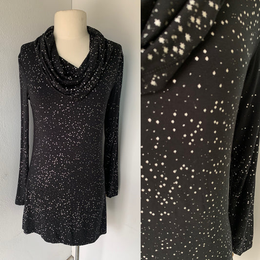 Women's Solid Long Sleeve Cowl-Neck Tunic in Midnight Foil Constellations