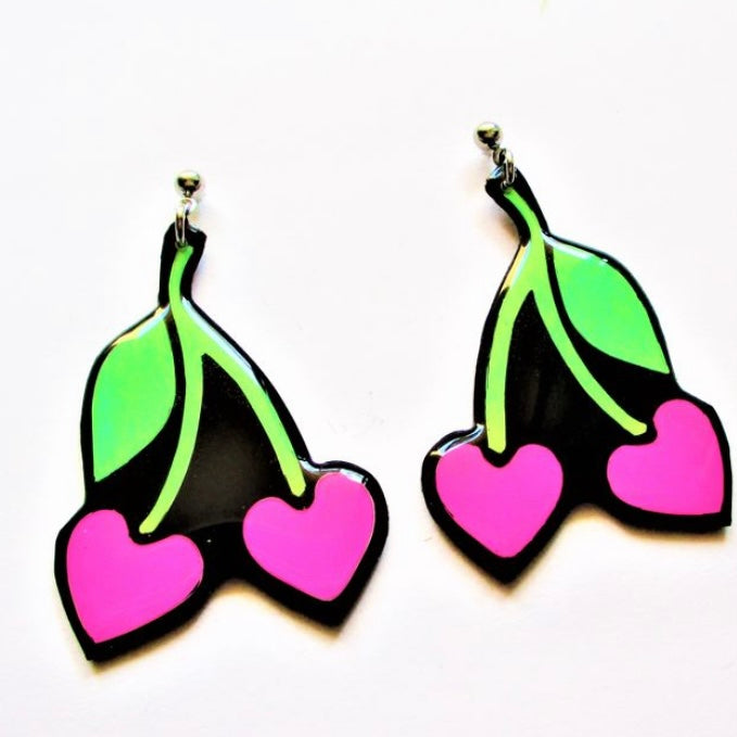 Neon Cherry Heart Earrings