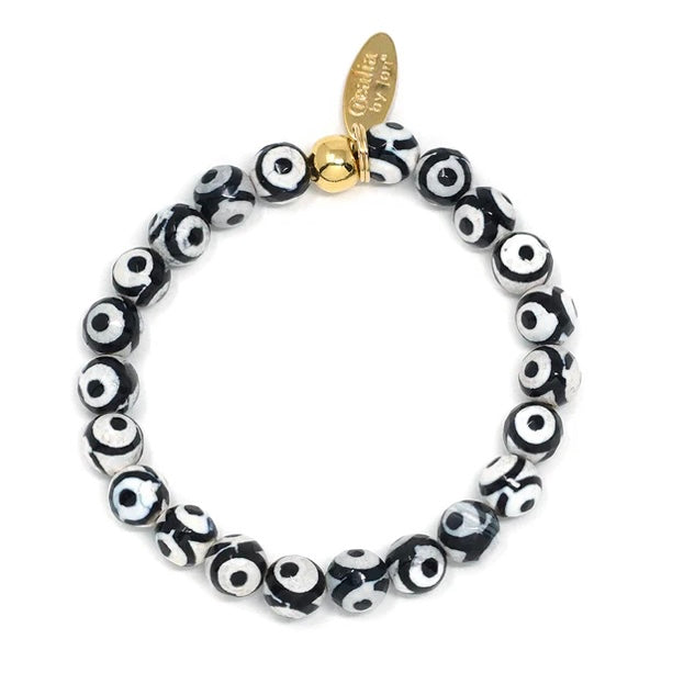 Natural Stone Bracelet - Agate, Tibetan (9MM, Faceted, Black and White)
