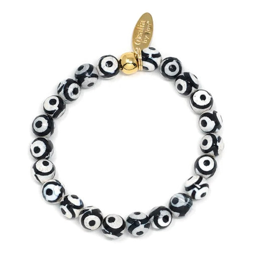 Natural Stone Bracelet - Agate, Tibetan (9MM, Faceted, Black and White)
