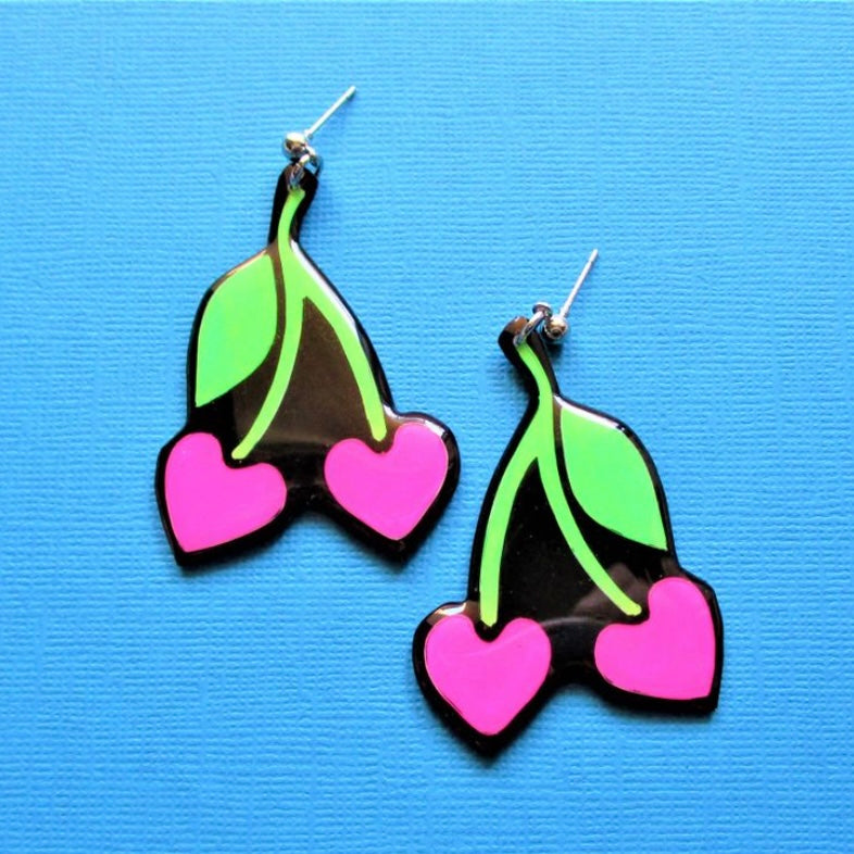 Neon Cherry Heart Earrings